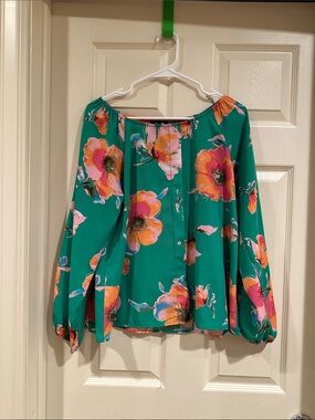 dee elle Green Floral Off-Shoulder Blouse with Pink and Orange Blooms
